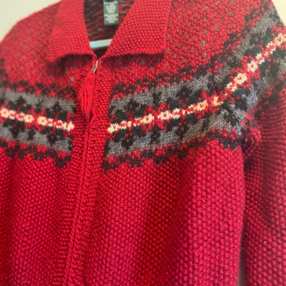 Ralph Lauren Sweater Cardigan 100%Wool Red Exclusive Hand Knit Fair Isle M - Picture 10 of 13